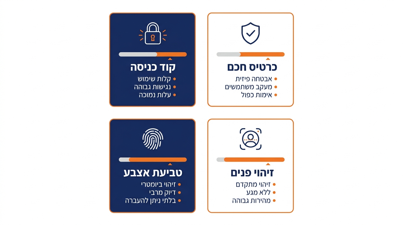 השוואה בין ארבע שיטות זיהוי בבקרת כניסה - כרטיס, קוד, טביעת אצבע וזיהוי פנים