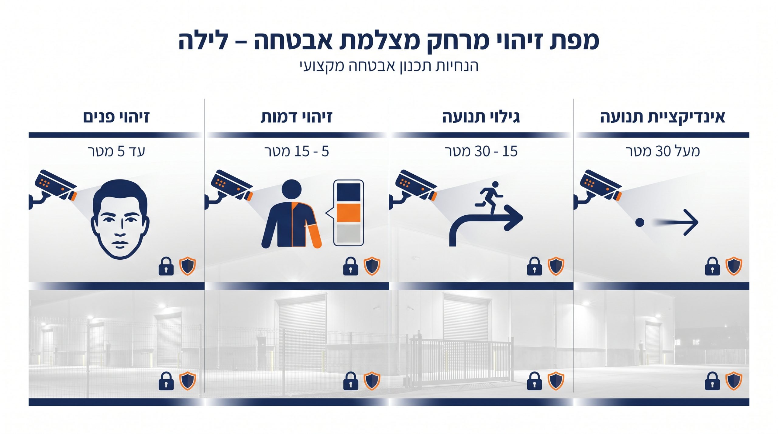 טבלת מרחקי זיהוי של מצלמת אבטחה בלילה לפי סוג מידע שניתן לחלץ מהתמונה