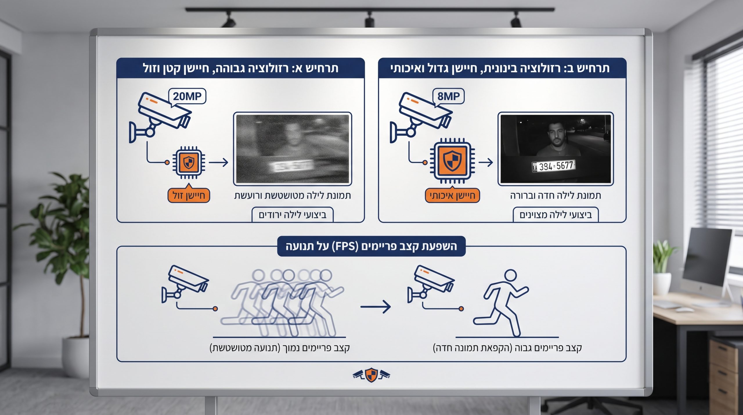 השוואה בין תמונת לילה של מצלמה עם חיישן איכותי לעומת מצלמה עם רזולוציה גבוהה וחיישן נחות