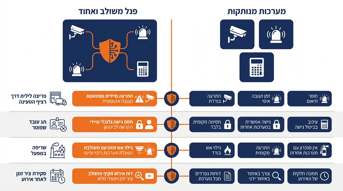 השוואה בין שלוש מערכות אבטחה נפרדות לבין מערך אבטחה משולב ומקושר למפעל