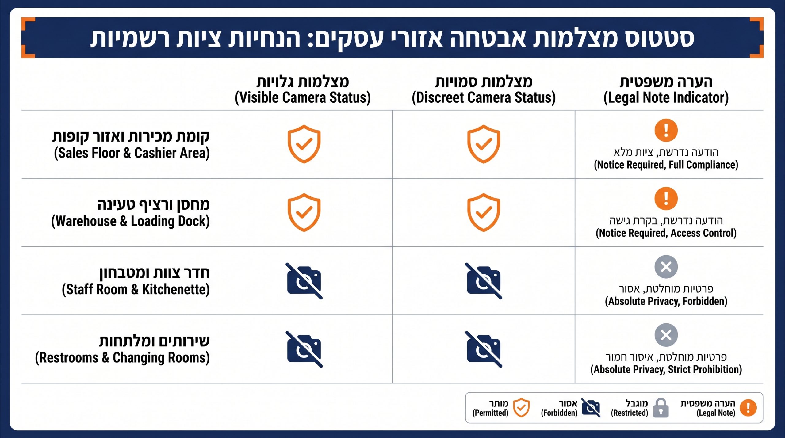 מפת גבולות חוקיים להתקנת מצלמות אבטחה בעסק בישראל